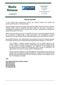 Racing Australia Pty Ltd ACN: Media Release