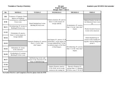 5th year English Program Groups: Dent 1; Dent 2 Timetable of Faculty of Dentistry