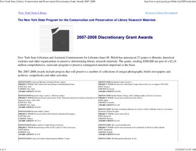 New York State Library: Conservation and Preservation Discretionary Grant Awards