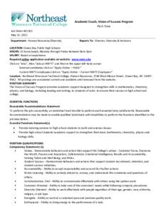 Academic Coach, Vision of Success Program Part-Time Job OrderMay 11, 2015 Department: Human Resources/Diversity