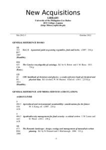 New Acquisitions LIBRARY University of the Philippines Los Baños 4031 College, Laguna (http://library.uplb.edu.ph) ________________________________________________________________________________