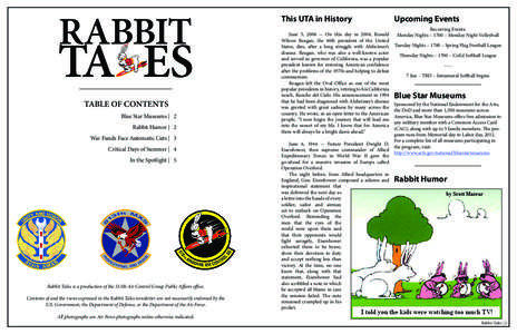 This UTA in History  TABLE OF CONTENTS Blue Star Museums | 2 Rabbit Humor | 2 War Funds Face Automatic Cuts | 3
