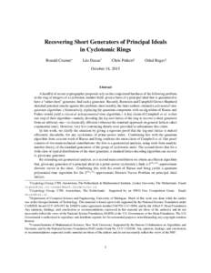 Recovering Short Generators of Principal Ideals in Cyclotomic Rings Ronald Cramer∗ L´eo Ducas†