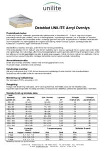 Datablad UNILITE Acryl Ovenlys Produktbeskrivelse: Unilite acryl ovenlys, hvælvede, pyramide eller rytterformede, er fremstillet afeller 4 -lags acryl af typen polymethyl methacrylate (PMMA), som er en thermoplas