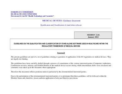 EUROPEAN COMMISSION DG HEALTH AND CONSUMER Directorate B, Unit B2 “Health Technology and Cosmetics” ____________________________________________________________________________________________________________  MEDICA