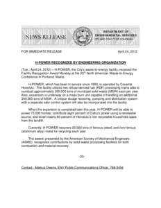 DEPARTMENT OF ENVIRONMENTAL SERVICES FOR IMMEDIATE RELEASE  April 24, 2012