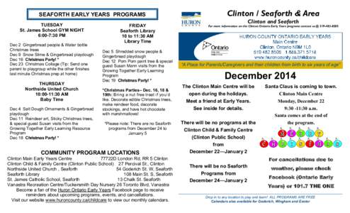 Huron Ontario Early Years Calendar of Activities: Clinton, Seaforth & Area, 12, 2014