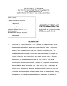 Administrative Complaint For Civil Money Penalties FDA Docket No. FDA-2014-H-0346 CRD Docket No. C[removed]