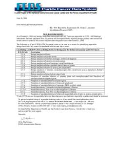 June 30, 2004 Dear Pathologist/MIS Departments: RE: New Reportable Requirements FL Clinical Laboratory Identification Program (CLIP) NEW REQUIREMENTS As of January 1, 2004 any benign, borderline intracranial and CNS Tumo