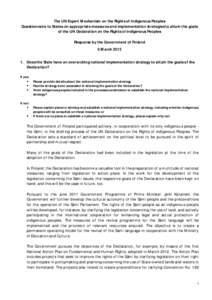 The UN Expert Mechanism on the Rights of Indigenous Peoples Questionnaire to States on appropriate measures and implementation strategies to attain the goals of the UN Declaration on the Rights of Indigenous Peoples Resp