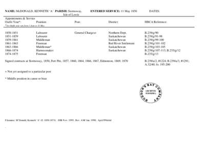 NAME: McDONALD, KENNETH ‘A’ PARISH: Stornoway, Isle of Lewis Appointments & Service Outfit Year*: Position: Post: