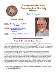 Livermore-Amador Genealogical Society Presents ~ Ted Shapas \