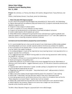 Adams State College  Graduate Council Meeting Notes  Oct. 11, 2010     Present: Don Johnston, Liz Thomas, Don Basse, Ed Crowther, Margaret Doell, Tracey Robinson, Joel 