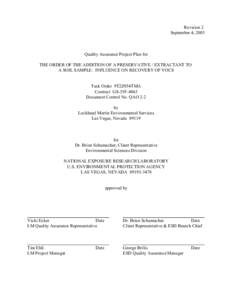 QA Project Plan: The Order of the Addition of a Preservative/Extractant to a Soil Sample: Influence on Recovery of VOCS