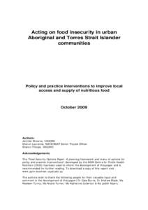 Acting on food insecurity in urban Aboriginal and Torres Strait Islander communities Policy and practice interventions to improve local access and supply of nutritious food