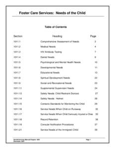 Foster Care Services: Needs of the Child  Table of Contents Section