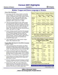 Census 2001 Highlights Ministry of Finance Factsheet 4  Mother Tongue and Home Language in Ontario