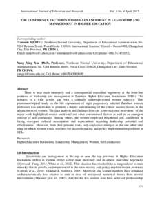 International Journal of Education and Research  Vol. 3 No. 4 April 2015 THE CONFIDENCE FACTOR IN WOMEN ADVANCEMENT IN LEADERSHIP AND MANAGEMENT IN HIGHER EDUCATION