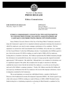 PRESS RELEASE Ethics Commission FOR IMMEDIATE RELEASE Thursday, August 14, 2008  CONTACT: