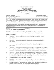 TONOPAH TOWN BOARD MEETING AGENDA AUGUST 10, 2011 TONOPAH CONVENTION CENTER 301 Brougher Avenue, Tonopah, NV[removed]:00 p.m.