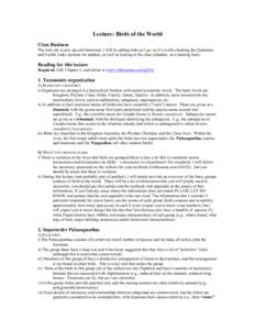 Lecture: Birds of the World Class Business The web site is now up and functional. I will be adding links as I go, so it’s worth checking the Questions and Useful Links sections for updates, as well as looking at the cl