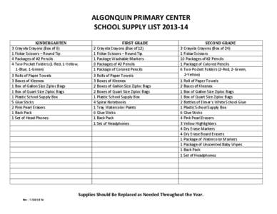 ALGONQUIN PRIMARY CENTER SCHOOL SUPPLY LIST[removed]KINDERGARTEN 3 Crayola Crayons (Box of 8) 1 Fiskar Scissors – Round Tip 4 Packages of #2 Pencils