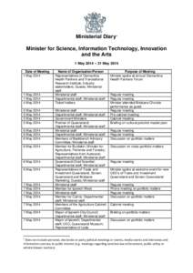 Ministerial Diary1 Minister for Science, Information Technology, Innovation and the Arts 1 May 2014 – 31 May 2014 Date of Meeting 1 May 2014