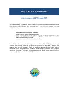 NSDS STATUS IN IDA COUNTRIES Progress report as of 12 November 2007 The following table presents the status of NSDS in International Development Association (IDA) borrower countries as of early November[removed]The informa