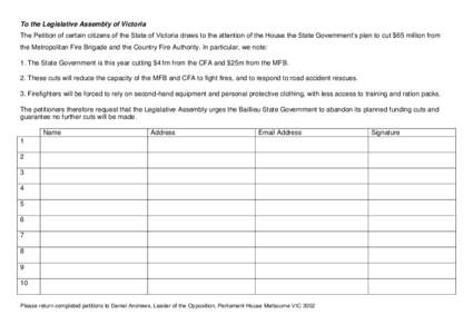 To the Legislative Assembly of Victoria The Petition of certain citizens of the State of Victoria draws to the attention of the House the State Government’s plan to cut $65 million from the Metropolitan Fire Brigade an