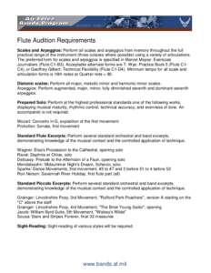 Flute Audition Requirements Scales and Arpeggios: Perform all scales and arpeggios from memory throughout the full practical range of the instrument (three octaves where possible) using a variety of articulations. The pr