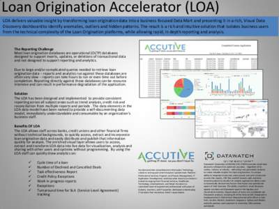 Loan Origination Accelerator (LOA) LOA delivers valuable insight by transforming loan origination data into a business focused Data Mart and presenting it in a rich, Visual Data Discovery dashboard to identify anomalies,