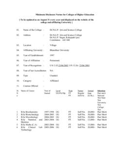 Minimum Disclosure Norms for Colleges of Higher Education [ To be updated as on August 31 every year and displayed on the website of the college and affiliating University[removed]Name of the College :