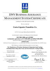 DNV BUSINESS ASSURANCE MANAGEMENT SYSTEM CERTIFICATE Certificate No[removed]AQ-USA-ANAB