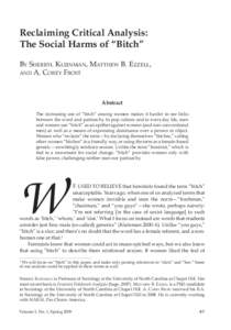 Reclaiming Critical Analysis: The Social Harms of “Bitch” BY SHERRYL KLEINMAN, MATTHEW B. EZZELL, AND A. COREY FROST  Abstract