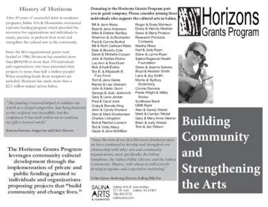 History of Horizons After 20 years of successful artist-in-residence programs, Salina Arts & Humanities envisioned a private funding program which provided the resources for organizations and individuals to create, prese