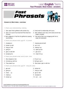 Fast Phrasals: Best mates - answers  Answers to Best mates - exercises 1. Check your understanding: ordering 1. Sam sees Fred’s girlfriend with another boy.