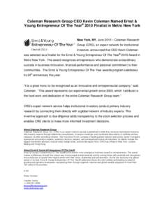 Coleman Research Group CEO Kevin Coleman Named Ernst & Young Entrepreneur Of The Year® 2010 Finalist in Metro New York