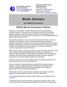 Media Advisory - NCUA Backs Consumer Hotline