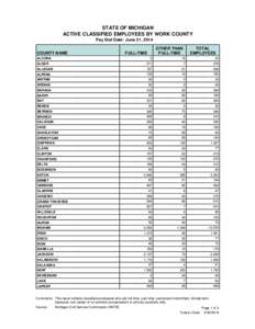 STATE OF MICHIGAN ACTIVE CLASSIFIED EMPLOYEES BY WORK COUNTY Pay End Date: June 21, 2014 COUNTY NAME  OTHER THAN