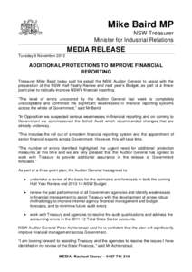 Mike Baird MP NSW Treasurer Minister for Industrial Relations MEDIA RELEASE Tuesday 6 November 2012