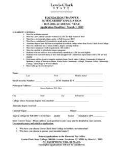 FOUNDATION TRANSFER SCHOLARSHIP APPLICATIONACADEMIC YEAR Application Deadline: March 1, 2015 ELIGIBILITY CRITERIA:  Must be an Idaho resident