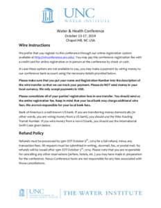 Water & Health Conference Wire Instructions October 13-17, 2014 Chapel Hill, NC USA