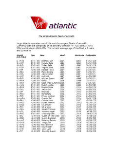 The Virgin Atlantic fleet of aircraft Virgin Atlantic operates one of the world’s youngest fleets of aircraft. Currently the fleet comprises of 38 aircraft, thirteen 747-400s and six A340300s and nineteen A340-600s. The current average age of the fleet is 6 years