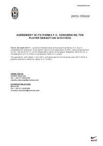 AGREEMENT WITH PARMA F.C. CONCERNING THE PLAYER SEBASTIAN GIOVINCO