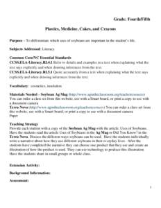 Grade: Fourth/Fifth Plastics, Medicine, Cakes, and Crayons Purpose – To differentiate which uses of soybeans are important in the student’s life. Subjects Addressed: Literacy Common Core/NC Essential Standards CCSS.E