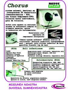 Chorus sistem automat, destinat sa interpreteze 30 teste/ciclu (imunoenzimatice - EIA, sau fixare Complement-CFT) folosind teste individuale,