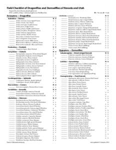 Field Checklist of Dragonflies and Damselflies of Nevada and Utah Prepared by Jim Johnson, [removed] PDF available at http://odonata.bogfoot.net/fieldlists.htm N = Nevada, U = Utah