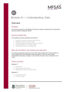 Overview Purpose This module will provide an understanding of the basic concepts for organising and summarising the data that underlies all statistical methods.  Learning objectives