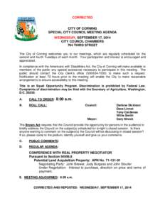 CORRECTED CITY OF CORNING SPECIAL CITY COUNCIL MEETING AGENDA WEDNESDAY, SEPTEMBER 17, 2014 CITY COUNCIL CHAMBERS 794 THIRD STREET