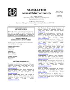 NEWSLETTER Animal Behavior Society Jan A. Randall, Secretary Department of Biology, San Francisco State University San Francisco, CAUSA